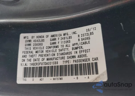 2013 Honda Accord Ex-L V-6 из США, поврежденный, VIN 1HGCR3F87DA001598